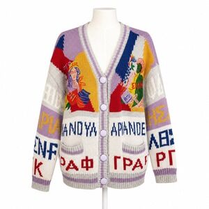 Vintage Greek Embroidered Chunky Button Cardigan Sweater Size L Preppy Sorority
